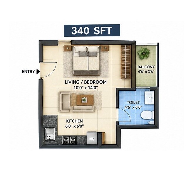 Floor plan of 1 BHK Apartment - 340 sq. ft. in Aditya Iconic Towers, Vizag