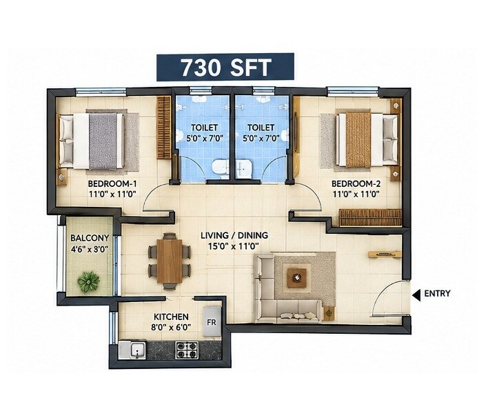 Floor plan of 1 BHK Apartment - 730 sq. ft. in Aditya Iconic Towers, Vizag