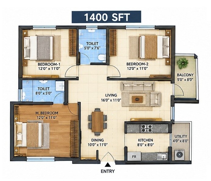 Floor plan of 2 BHK Apartment - 1400 sq. ft. in Aditya Iconic Towers, Vizag