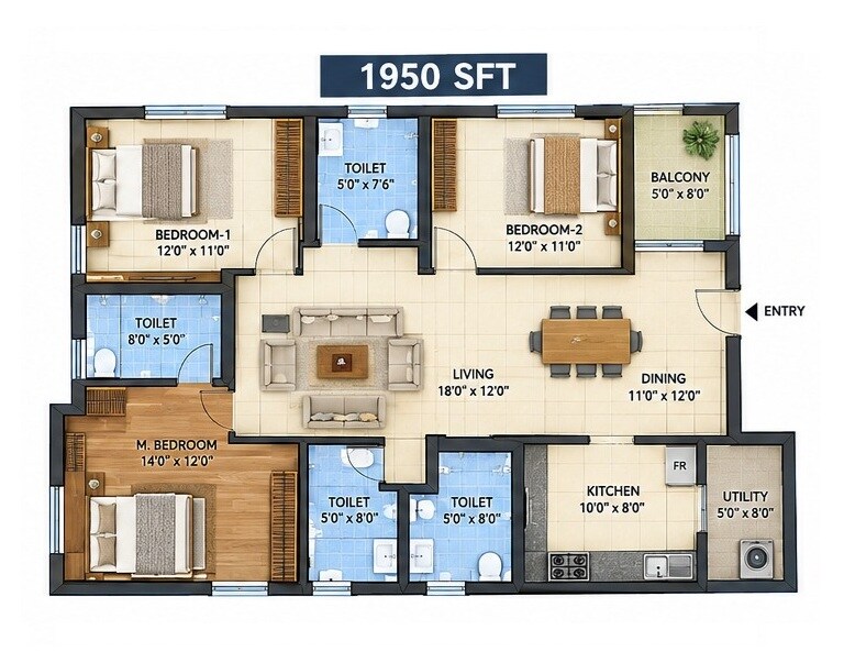 Floor plan of 3 BHK Apartment - 1950 sq. ft. in Aditya Iconic Towers, Vizag