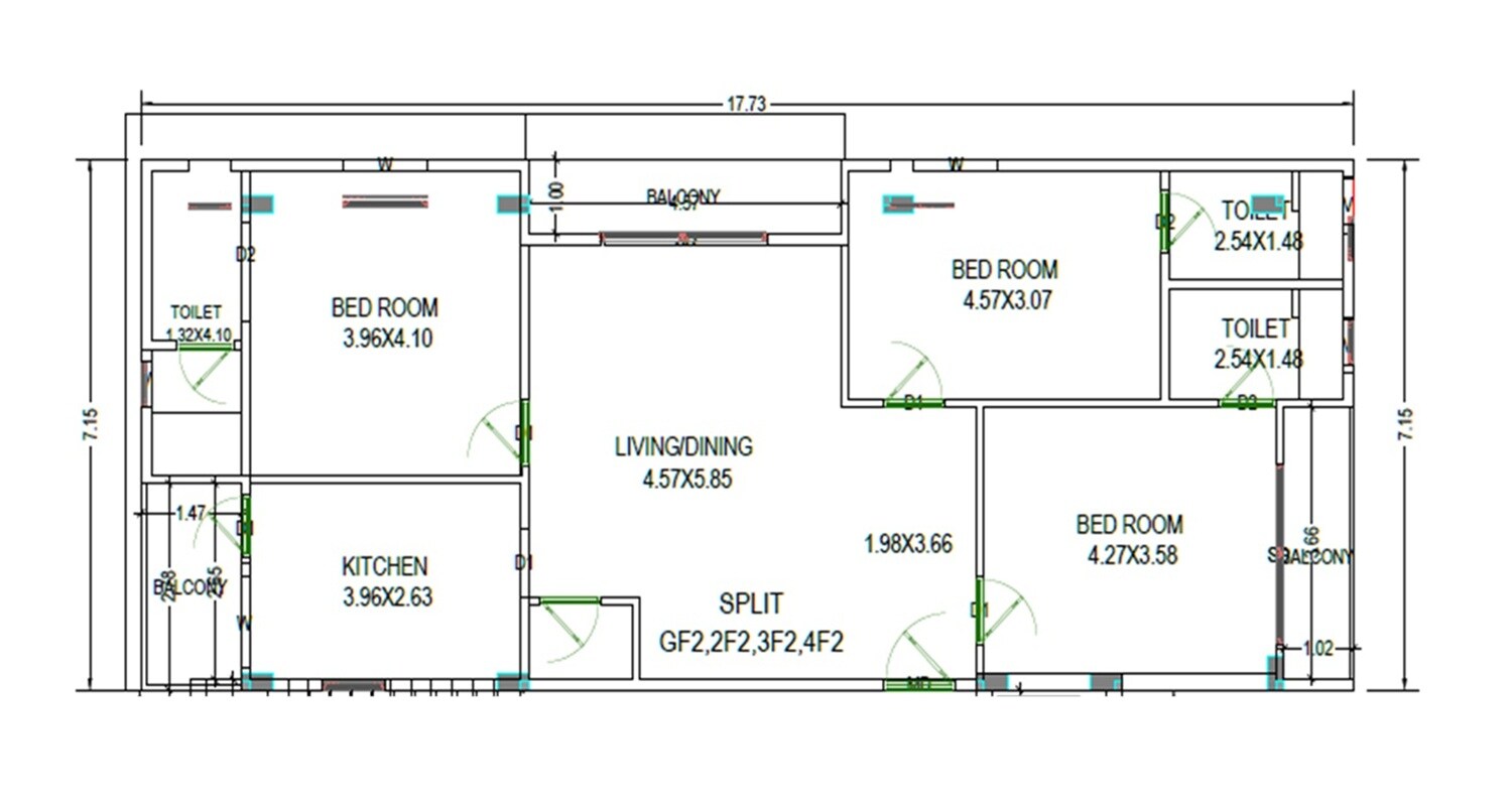 Floor plan of 3 BHK 1785 Sq. Ft. Apartment in Akshaya Park View, Vizag