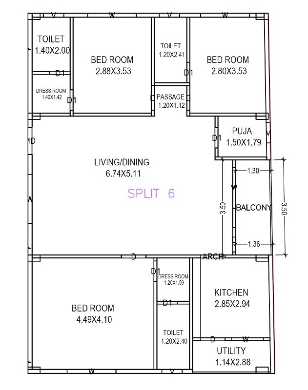 Floor plan of 3 BHK 1700 Sq. Ft. Apartment in Akshaya Sai Laxmi Castle, Vizag