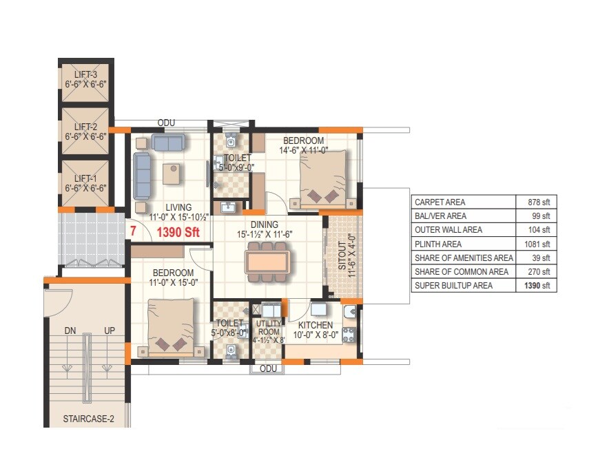 Floor plan of 2 BHK 1390 Sq. Ft. Apartment in Anjani Pearl Towers, Vizag