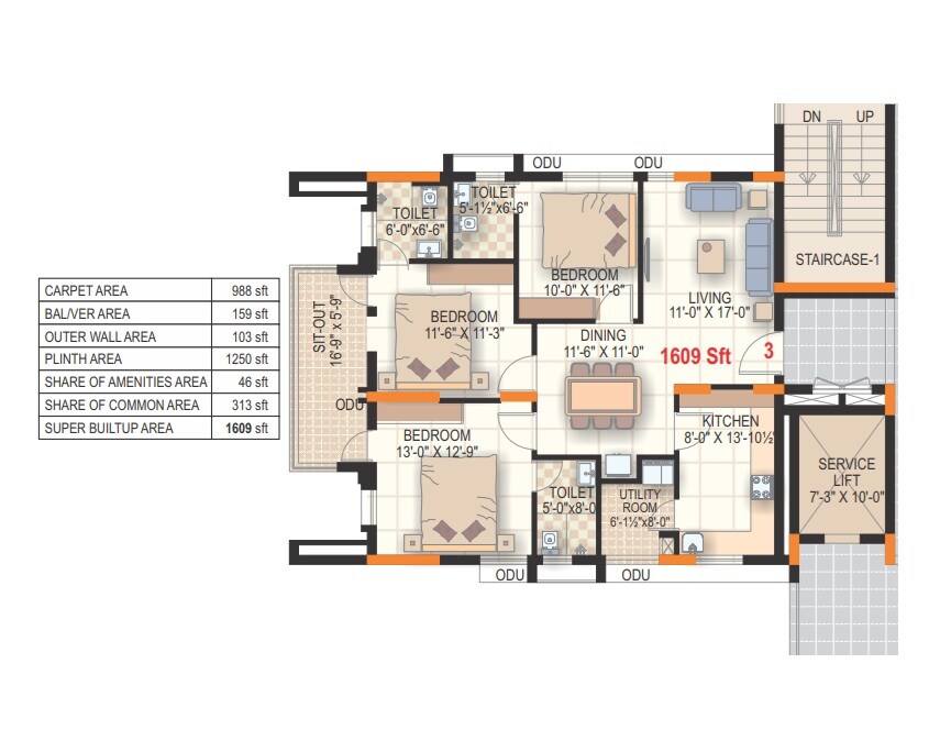 Floor plan of 3 BHK 1609 Sq. Ft. Apartment in Anjani Pearl Towers, Vizag