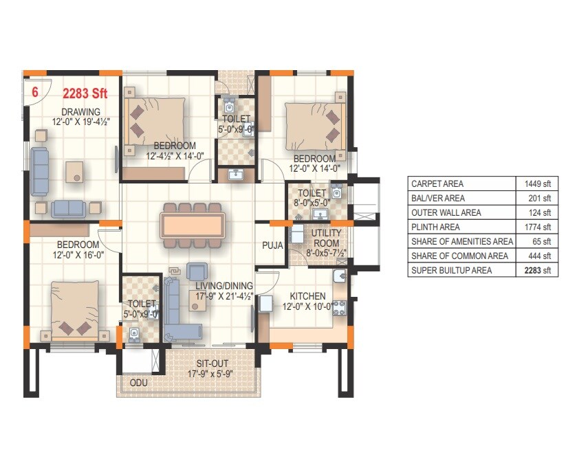 Floor plan of 3 BHK 2283 Sq. Ft. Apartment in Anjani Pearl Towers, Vizag