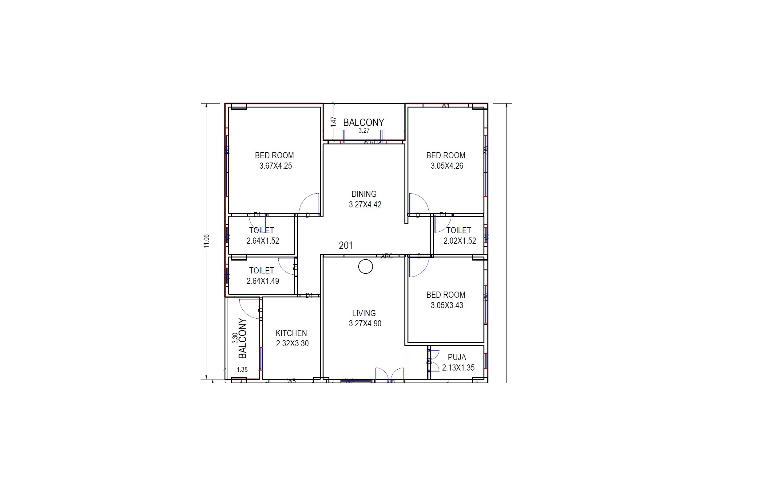 Floor plan of 3 BHK 1721 Sq. Ft. Apartment in Apurupa Raj Towers, Vizag