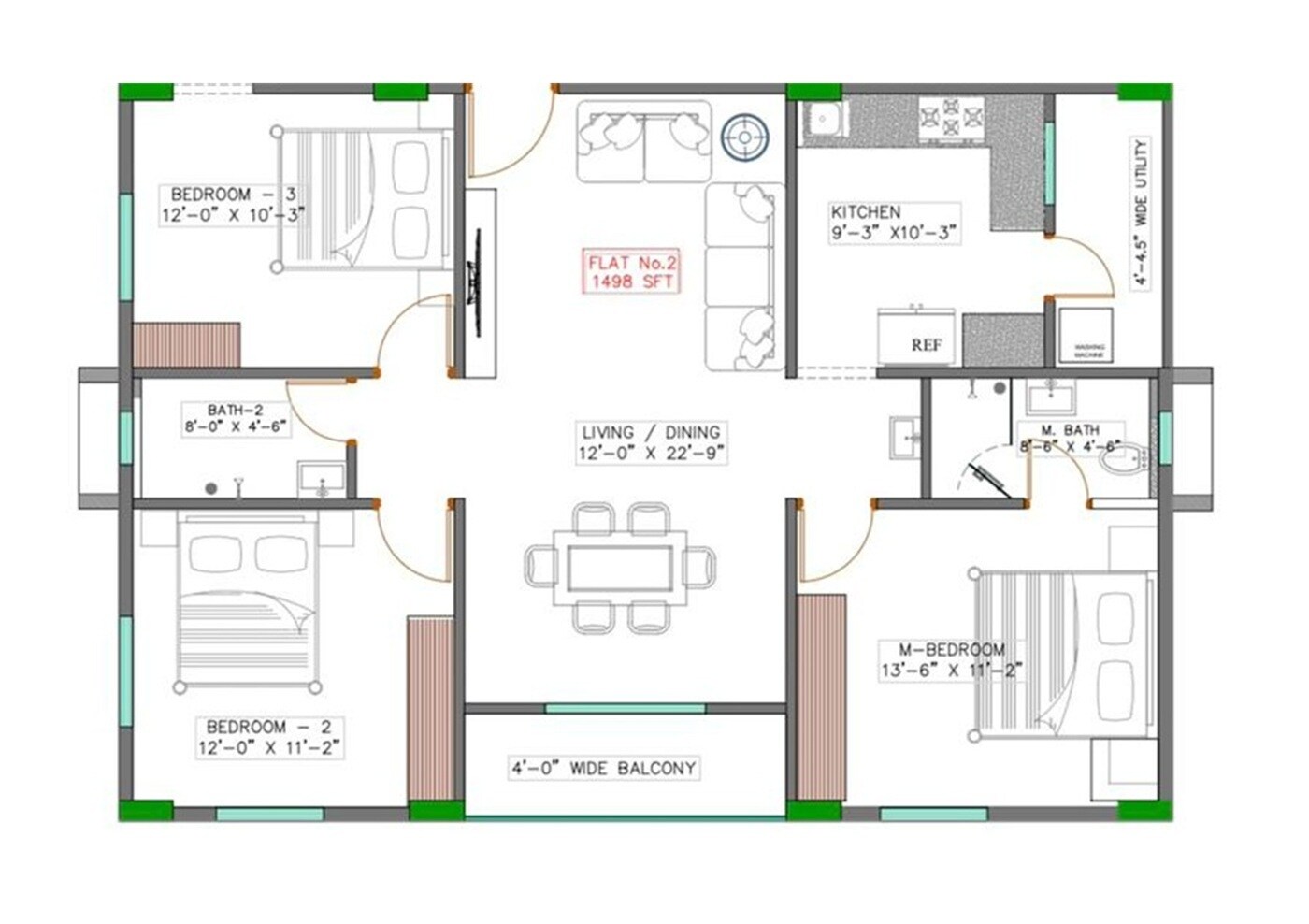 Floor plan of 3 BHK 1498 Sq. Ft. Apartment in Archana Courtyard, Vizag