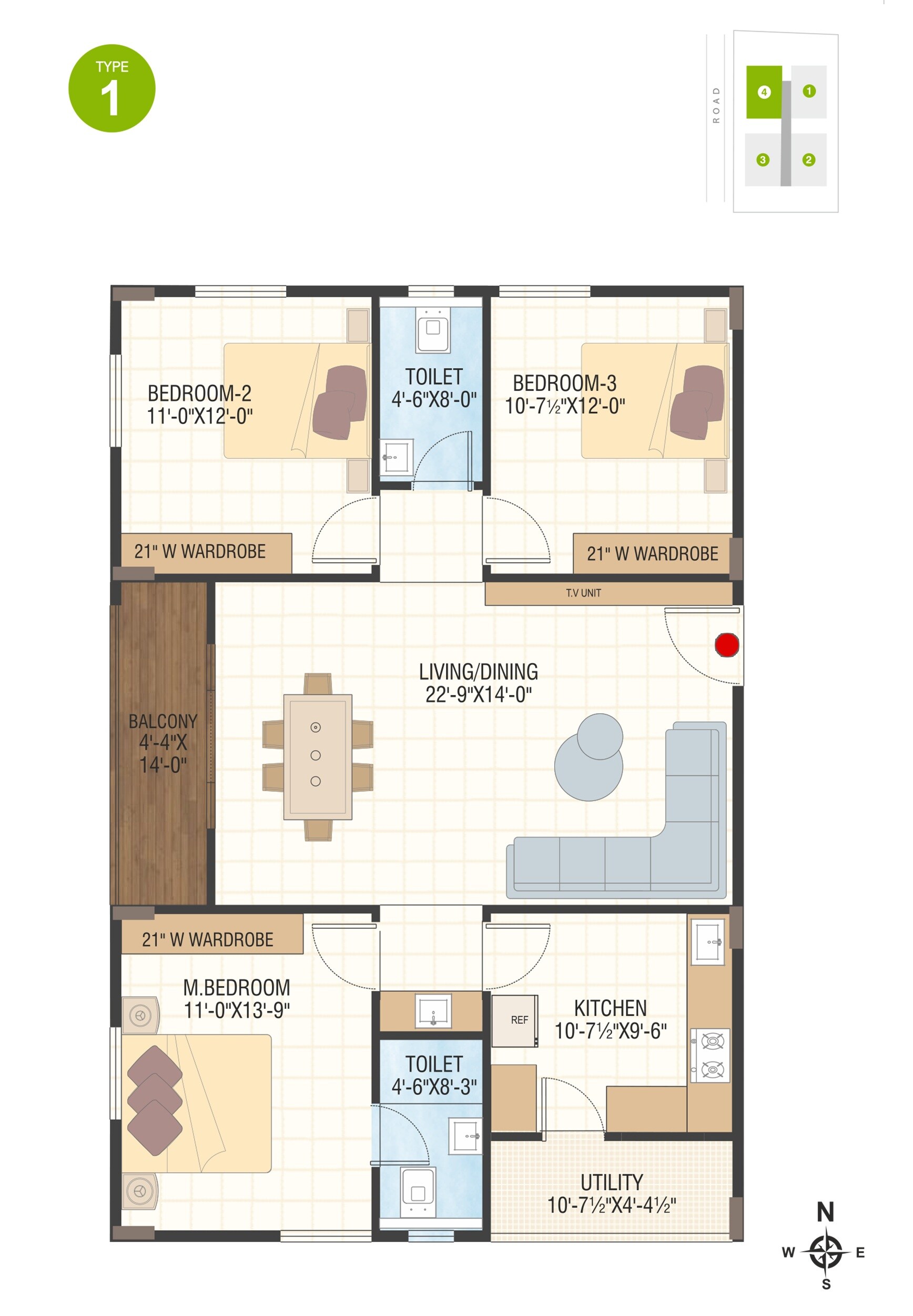 Floor plan of 3 BHK 1475 Sq. Ft. Apartment in Archana Palms, Vizag