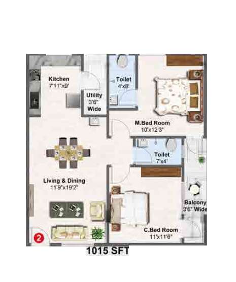 2 BHK 1015 Sq. Ft. Apartment in AVL Garudadri