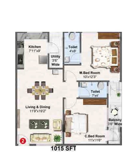 Floor plan of 2 BHK 1015 Sq. Ft. Apartment in AVL Garudadri, Vizag