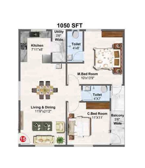 Floor plan of 2 BHK 1050 Sq. Ft. Apartment in AVL Garudadri, Vizag
