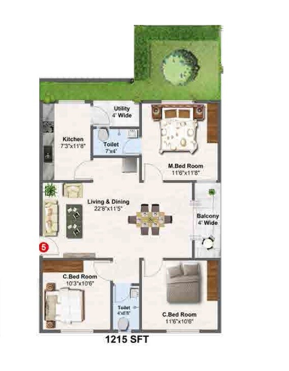 Floor plan of 3 BHK 1215 Sq. Ft. Apartment in AVL Garudadri, Vizag