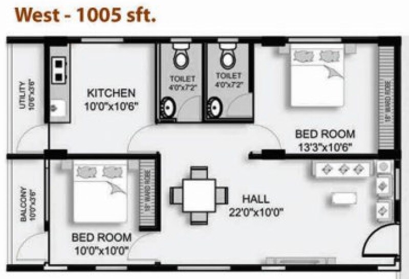 Floor plan of 2 BHK 1005 Sq. Ft. Apartment in Balaji Hills View Enclave, Vizag