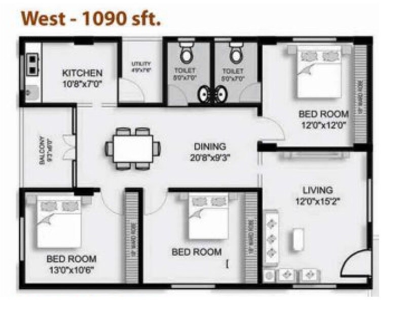 Floor plan of 2 BHK 1090 Sq. Ft. Apartment in Balaji Hills View Enclave, Vizag