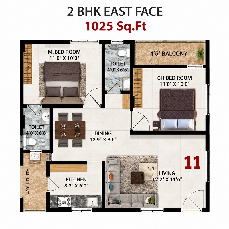 Floor plan of 2 BHK 1025 Sq. Ft. Apartment in Bhoomatha Sivaji Grand, Vizag