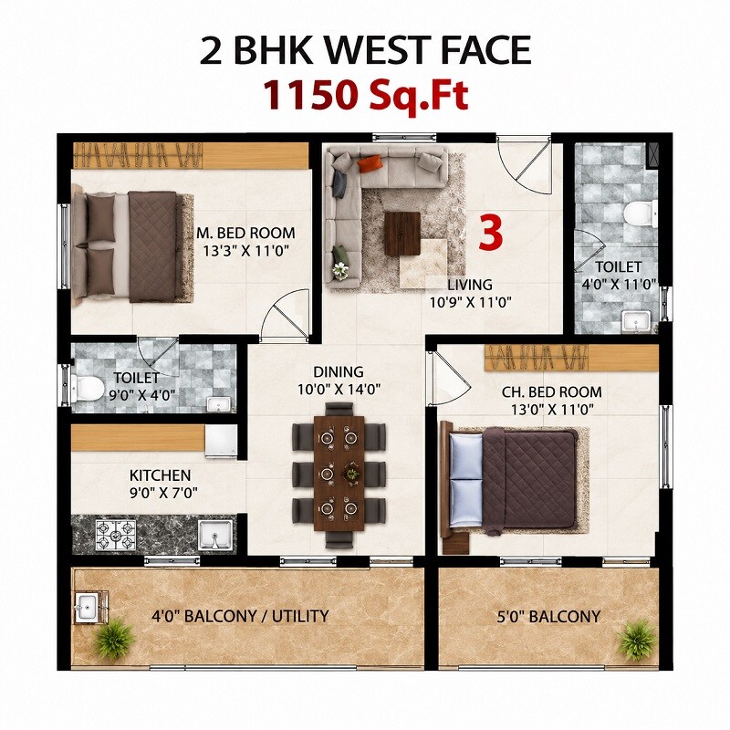 Floor plan of 2 BHK 1150 Sq. Ft. Apartment in Bhoomatha Sivaji Grand, Vizag