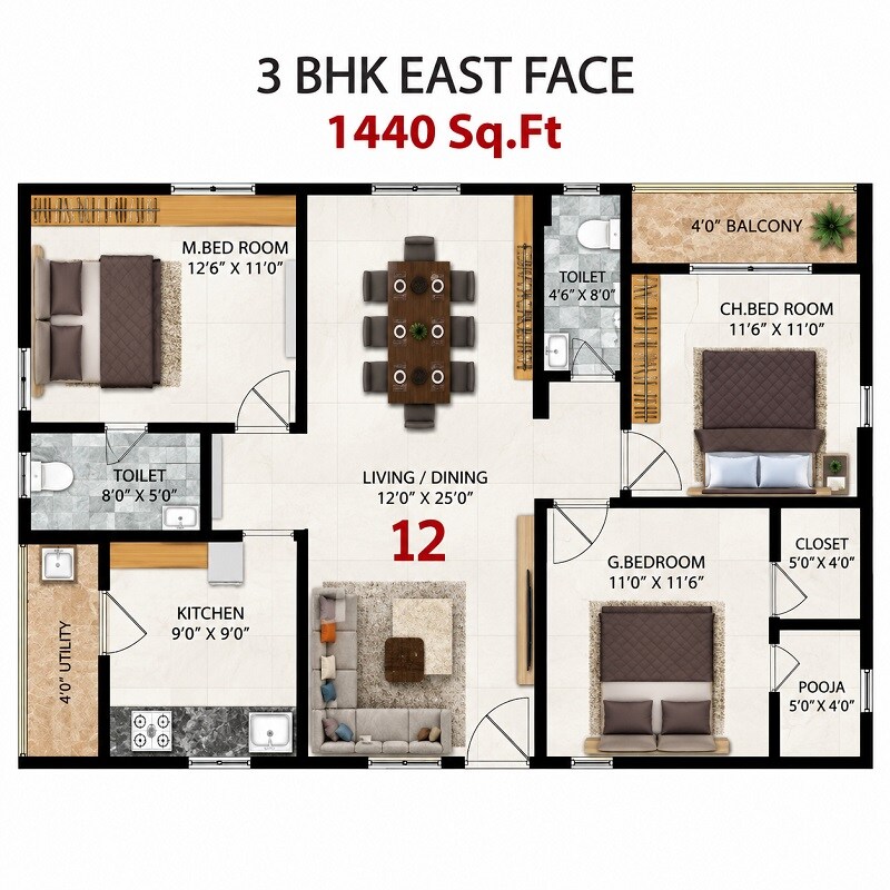 Floor plan of 3 BHK 1440 Sq. Ft. Apartment in Bhoomatha Sivaji Grand, Vizag