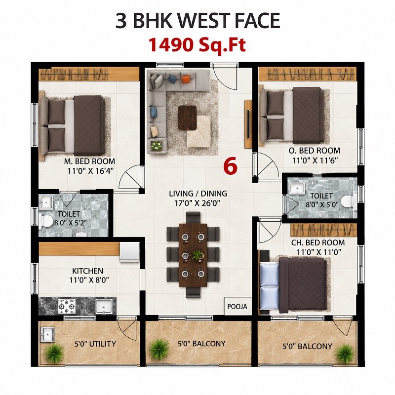 Floor plan of 3 BHK 1490 Sq. Ft. Apartment in Bhoomatha Sivaji Grand, Vizag