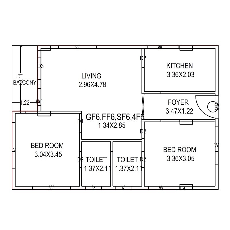 Floor plan of 2 BHK 1001 Sq. Ft. Apartment in GK Happy Homes, Vizag
