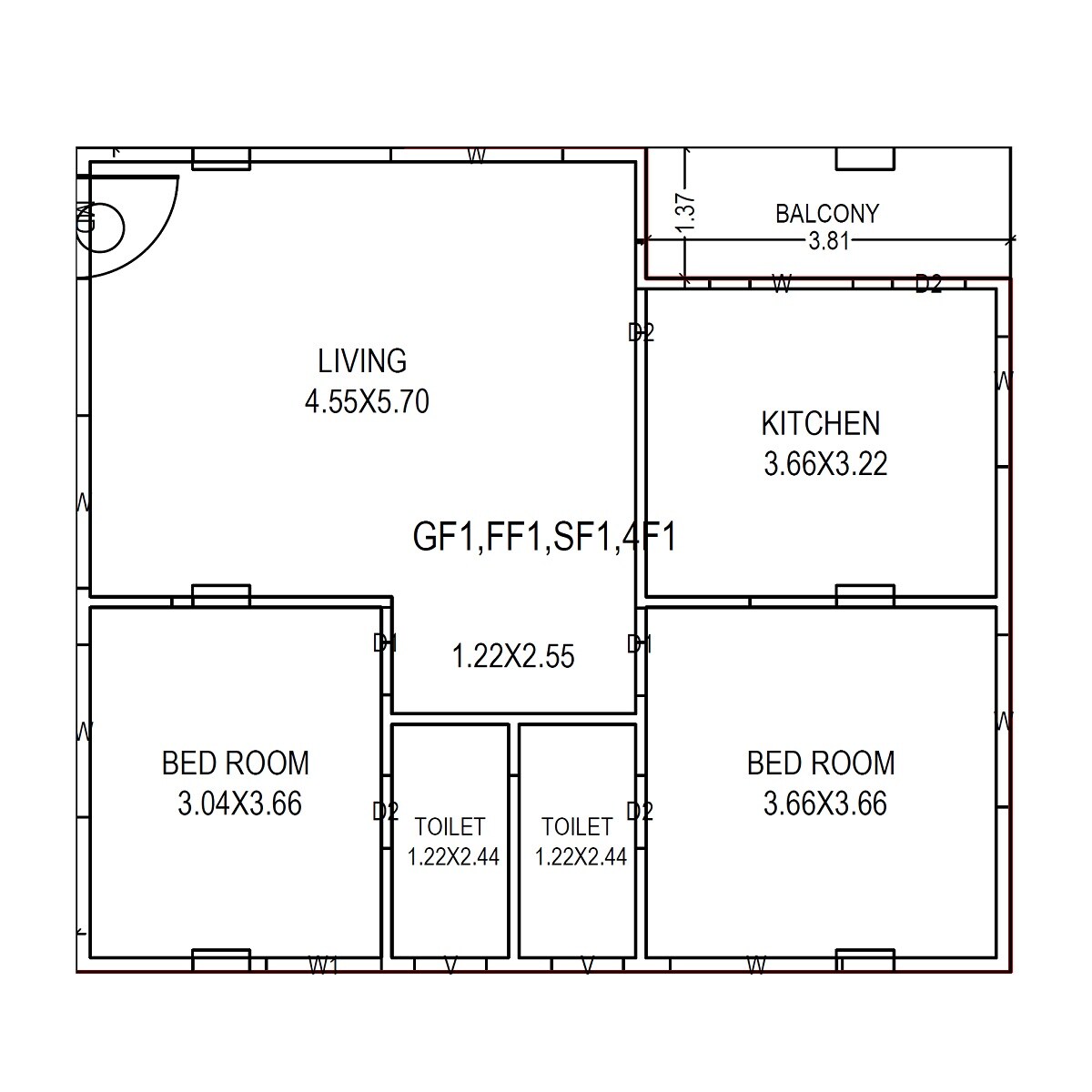 Floor plan of 2 BHK 1307 Sq. Ft. Apartment in GK Happy Homes, Vizag