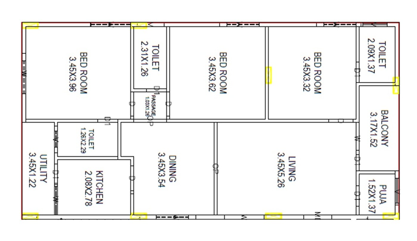 Floor plan of 3 BHK 1569 Sq. Ft. Apartment in BN Brundavanam, Vizag