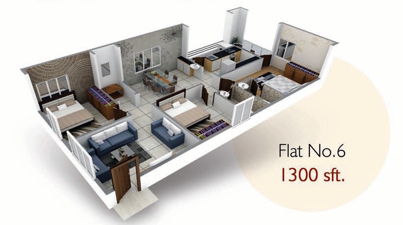 Floor plan of 3 BHK 1300 Sq. Ft. Apartment in Burugupalli Bhuvi, Vizag