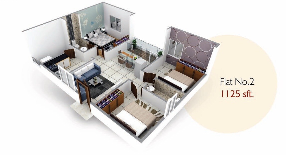 Floor plan of 3 BHK 1125 Sq. Ft. Apartment in Burugupalli Devi, Vizag