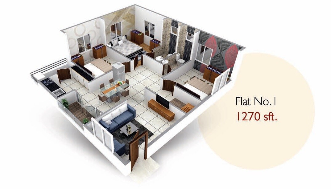Floor plan of 3 BHK 1270 Sq. Ft. Apartment in Burugupalli Devi, Vizag