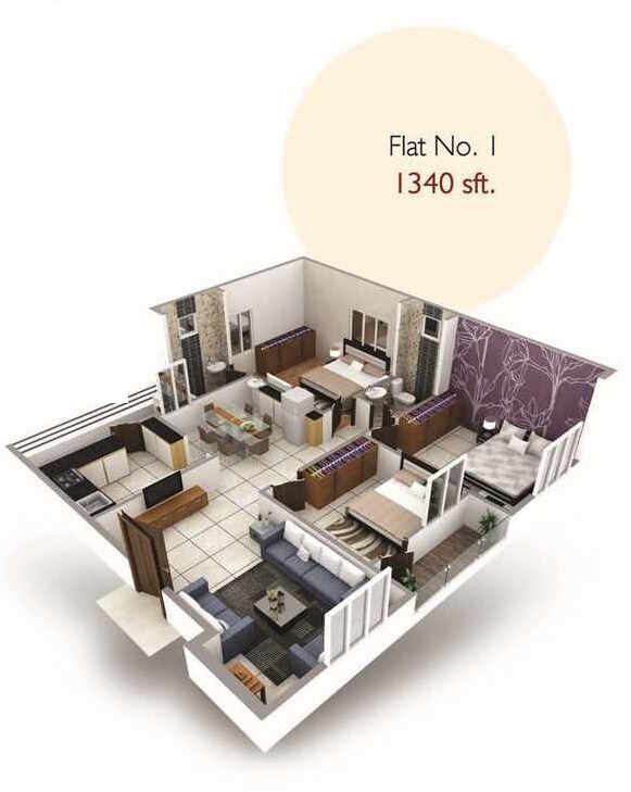 Floor plan of 3 BHK 1340 Sq. Ft. Apartment in Burugupalli Surya, Vizag