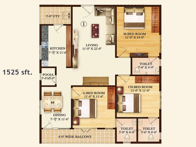 Floor plan of 3 BHK 1525 Sq. Ft. Apartment in Chalamaji Collective, Vizag