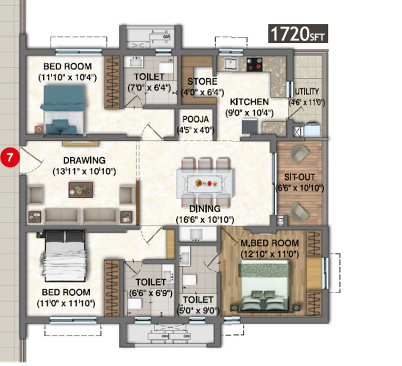 Floor plan of 3 BHK 1720 Sq. Ft. Apartment in CMR Karlan Grand, Vizag