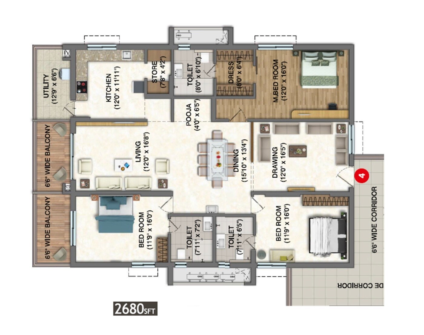 Floor plan of 3 BHK 2680 Sq. Ft. Apartment in CMR Karlan Grand, Vizag