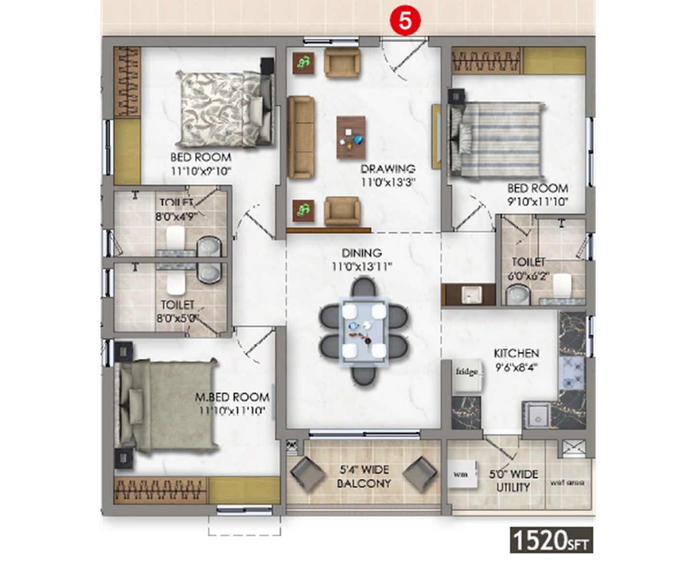 Floor plan of 3 BHK 1520 Sq. Ft. Apartment in CMR Karlan Residency, Vizag