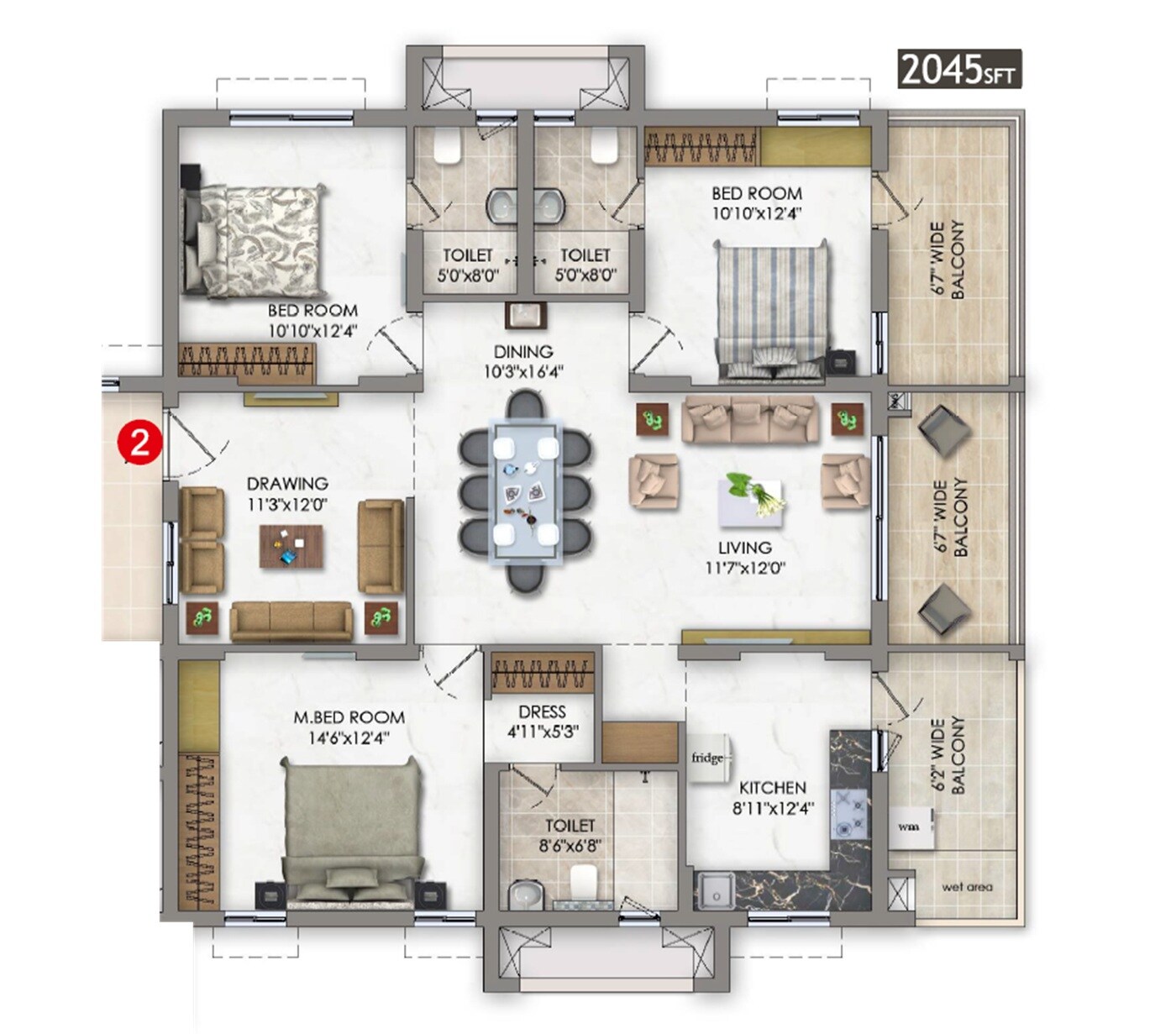 Floor plan of 3 BHK 2045 Sq. Ft. Apartment in CMR Karlan Residency, Vizag