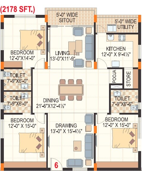 Floor plan of 3 BHK 2178 Sq. Ft. Apartment in Daspalla Gangapur Royal Palace, Vizag