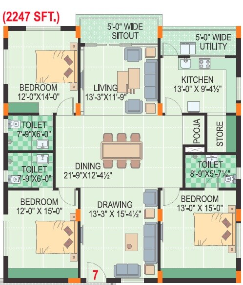 Floor plan of 3 BHK 2247 Sq. Ft. Apartment in Daspalla Gangapur Royal Palace, Vizag