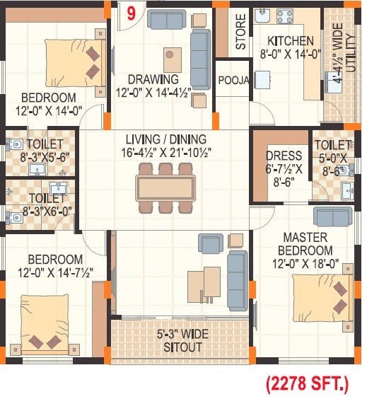 Floor plan of 3 BHK 2278 Sq. Ft. Apartment in Daspalla Gangapur Royal Palace, Vizag
