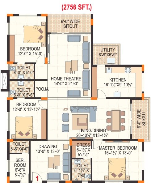 Floor plan of 3 BHK 2756 Sq. Ft. Apartment in Daspalla Gangapur Royal Palace, Vizag