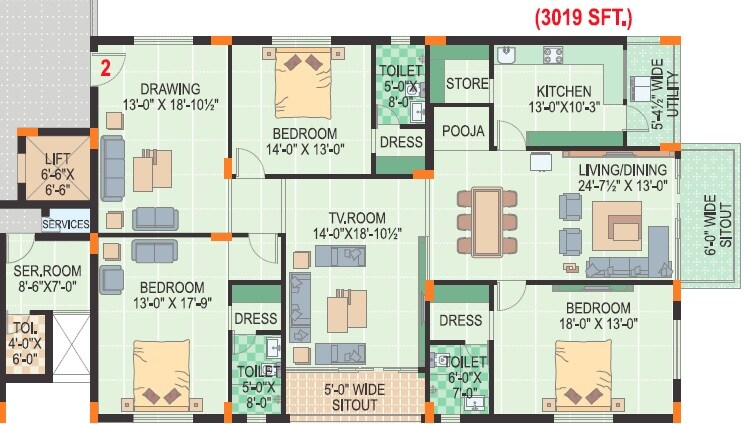 Floor plan of 3 BHK 3019 Sq. Ft. Apartment in Daspalla Gangapur Royal Palace, Vizag