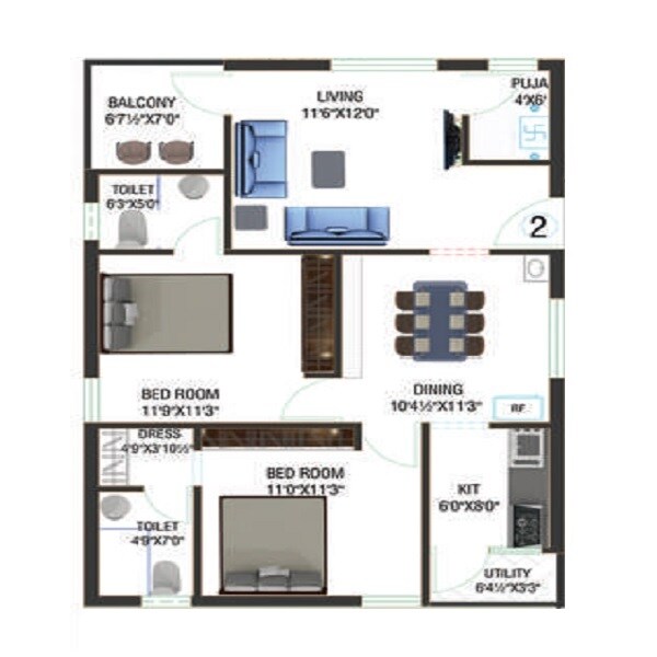 Floor plan of 2 BHK 1103 Sq. Ft. Apartment in Devaalaya Devasthala, Vizag
