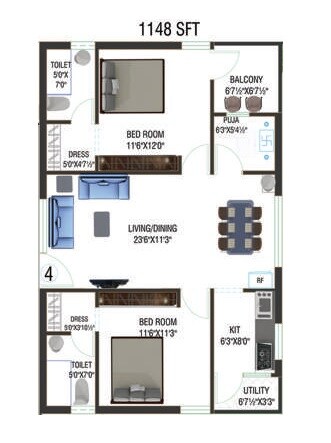 Floor plan of 2 BHK 1148 Sq. Ft. Apartment in Devaalaya Devasthala, Vizag