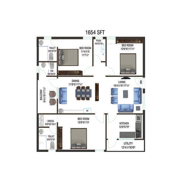 Floor plan of 3 BHK 1654 Sq. Ft. Apartment in Devaalaya Devasthala, Vizag