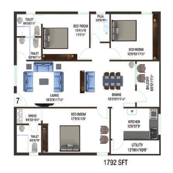 Floor plan of 3 BHK 1792 Sq. Ft. Apartment in Devaalaya Devasthala, Vizag