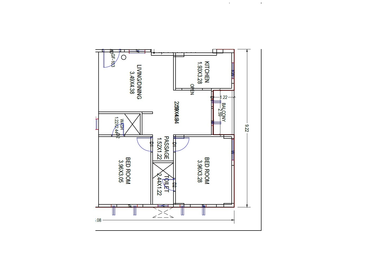 Floor plan of 2 BHK 704 Sq. Ft. Apartment in Dhananjaya Isha Residency, Vizag