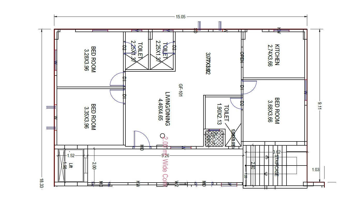 Floor plan of 3 BHK 1066 Sq. Ft. Apartment in Dhananjaya Isha Residency, Vizag