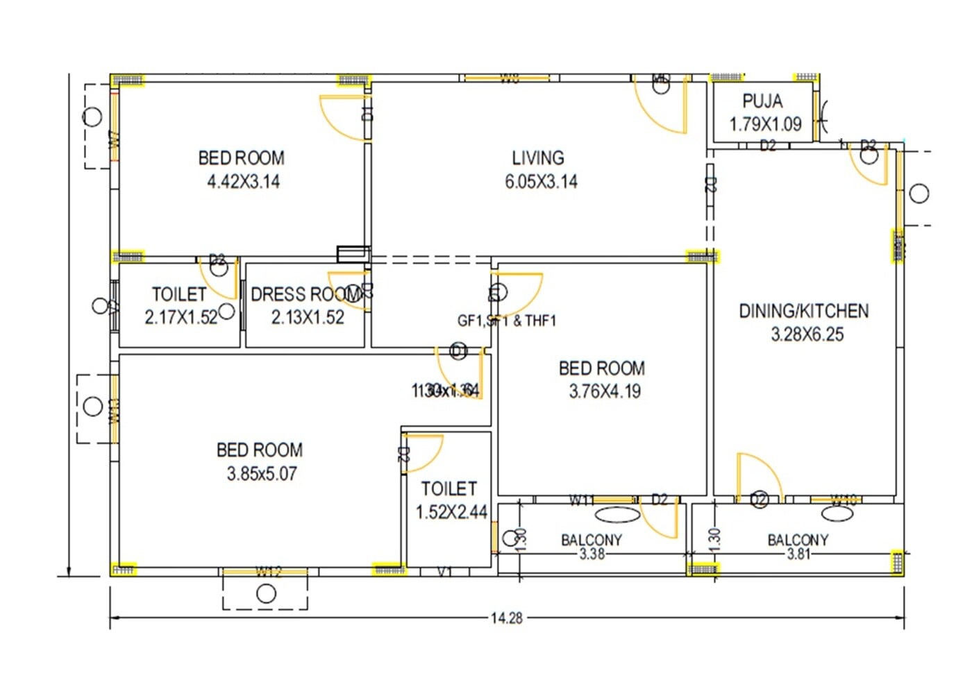 Floor plan of 3 BHK 1297 Sq. Ft. Apartment in Dharmik Bhavan, Vizag