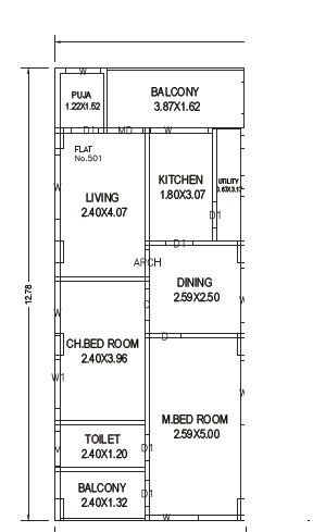 Floor plan of 2 BHK 1240 Sq. Ft. Apartment in DVS Geethika Residence, Vizag