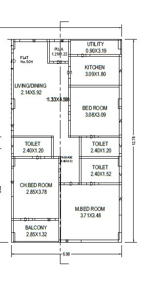 Floor plan of 3 BHK 1540 Sq. Ft. Apartment in DVS Geethika Residence, Vizag