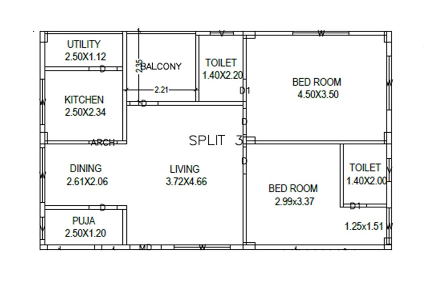 Floor plan of 2 BHK 1250 Sq. Ft. Apartment in Dwaraka Enclave, Vizag