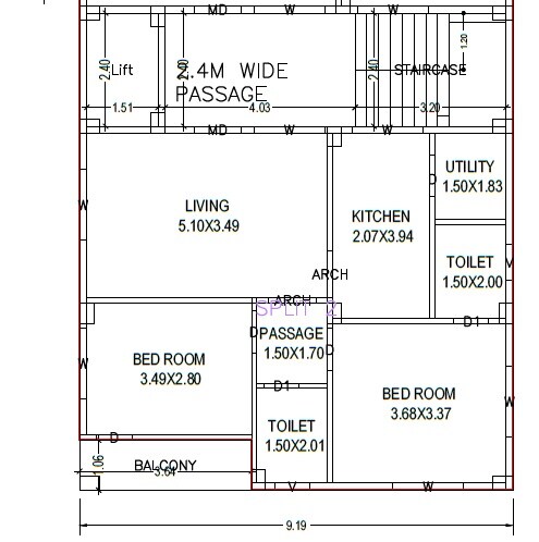 Floor plan of 2 BHK 1050 Sq. Ft. Apartment in Ekadanta Fortune, Vizag